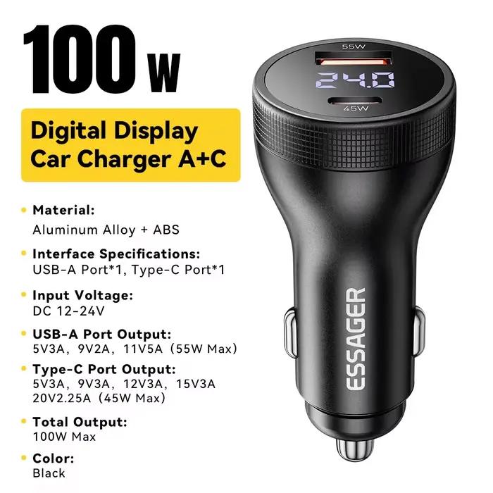 Essager 100W chargeur de voiture USB C Charge rapide PD 45W pour iPhone 15 pro 14 Xiaomi Poco Samsun