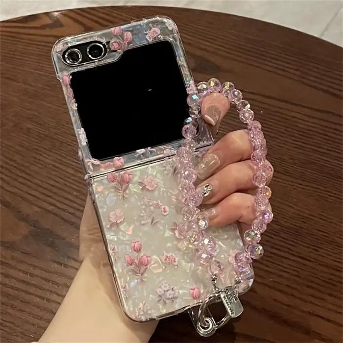 Coque de téléphone rose mignonne à motifs floraux avec bracelet en strass pour Samsung Galaxy Z Flip