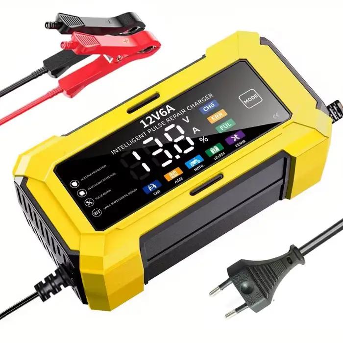 Chargeur de batterie pour voiture et moto à écran couleur 12V 6A, chargeur de batterie au plomb-acid