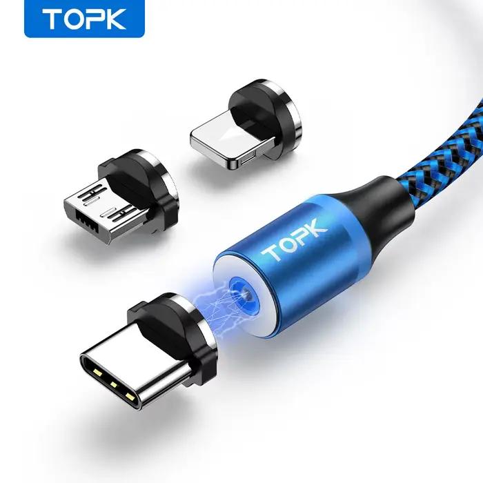 TOPK-Câble de charge magnétique 3 en 1 pour téléphone, rotation à 360 degrés, chargeur avec lumière 