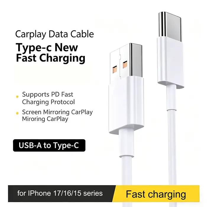Câble CarPlay Chargeur de Voiture USB-A vers Type-C – Charge Rapide et Transfert de Données pour iPh