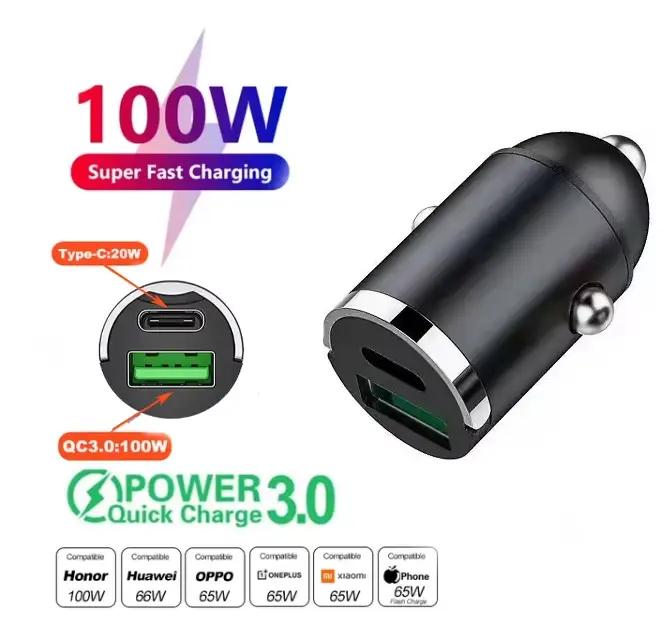 Mini chargeur de voiture 100W/200W 12-24V, briquet de voiture, charge rapide, chargeur USB type-c po