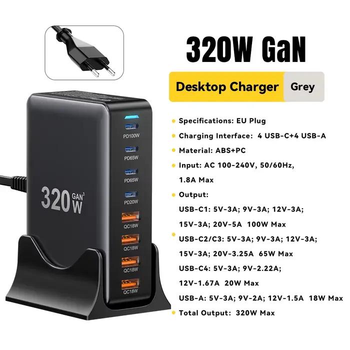 Essager 320W GaN chargeur 8 ports USB Type C Station de charge de bureau PD 100W charge rapide pour 