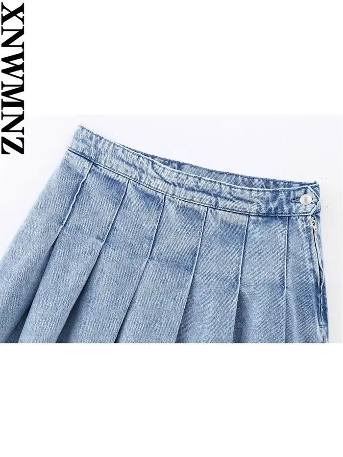 Mini jupe plissée en denim pour femme, tenue chic, taille haute, fermeture éclair latérale, mode 202
