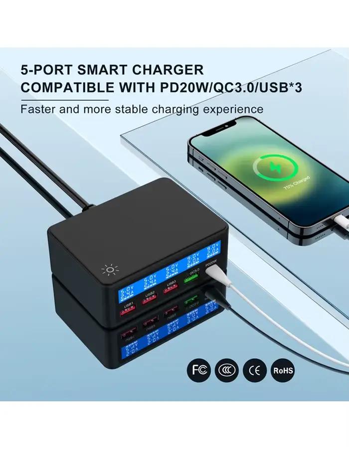 Chargeur rapide multi USB, 50W, 5 ports, avec QC 3.0, station de charge intelligente LCD, hub pour p