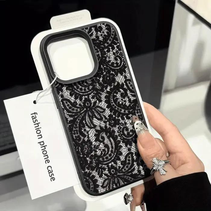 Coque de téléphone personnalisée avec motif de dentelle noire, pour iPhone 17 16 15 14 Plus 13 12 11