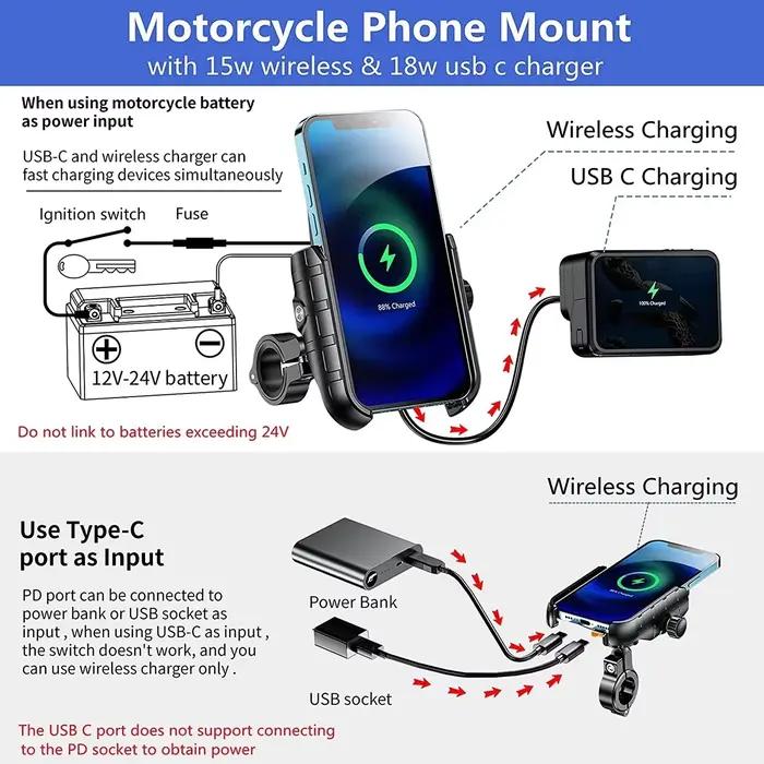 Support de téléphone pour Moto, berceau de chargement sans fil 3.0, chargeur rapide GPS, Support de guidon de téléphone portable pour téléphone de 4 à 7 pouces