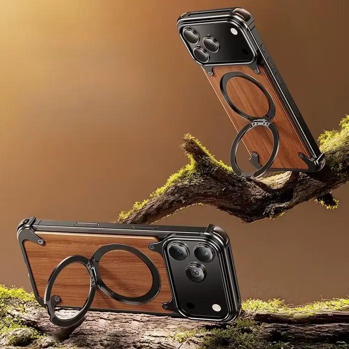 Oatsbasf Coque de téléphone en bois massif pour iPhone 17 Pro/Pro Max/17 Air avec 360 ° Support à anneau rotatif