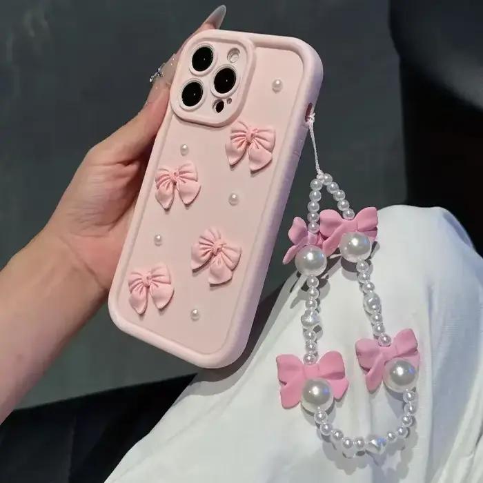 Coque de téléphone en Silicone, étui de protection d'objectif mignon avec nœud de perle 3D, pour iPhone 16 Pro Max 15 Pro 14 Plus 13 Mini 12 Pro 11 X XS XR 7 8 SE 2020