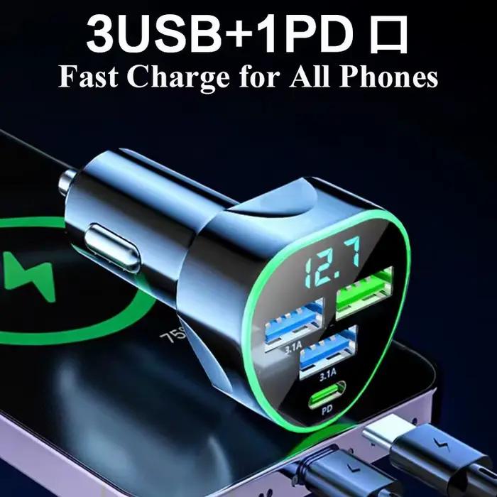 Chargeur de téléphone de voiture USB Type C rapide avec moniteur de tension LED pour iPhone Samsung Huawei Oneplus Vivo Oppo