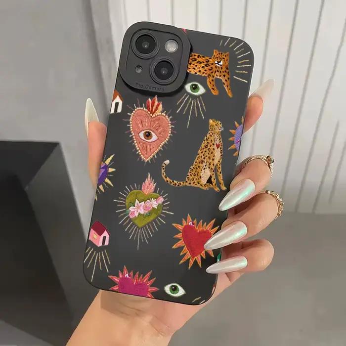 Coque de téléphone motif floral et yeux de léopard résistante aux chocs pour iPhone 17 13 11 12 14 15 16 Pro Max Plus 16E XR X XS occassions variées