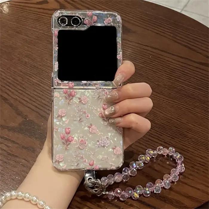 Coque de téléphone rose mignonne à motifs floraux avec bracelet en strass pour Samsung Galaxy Z Flip 7 Z Flip6 ZFlip 5 Zflip6 Zflip8