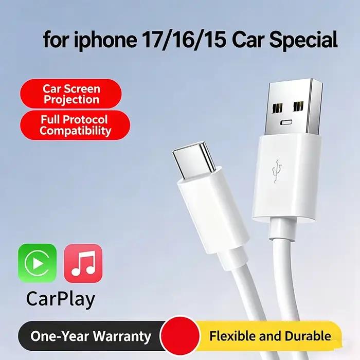 Câble CarPlay Chargeur de Voiture USB-A vers Type-C – Charge Rapide et Transfert de Données pour iPhone 17