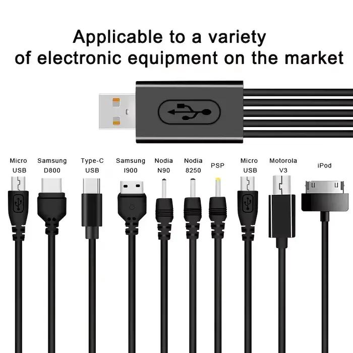 Câble USB 10 en 1 vers multi-ports pour chargeurs de téléphone Samsung Nokia et autres marques compatibles pour charge rapide et sécurisée en déplacement