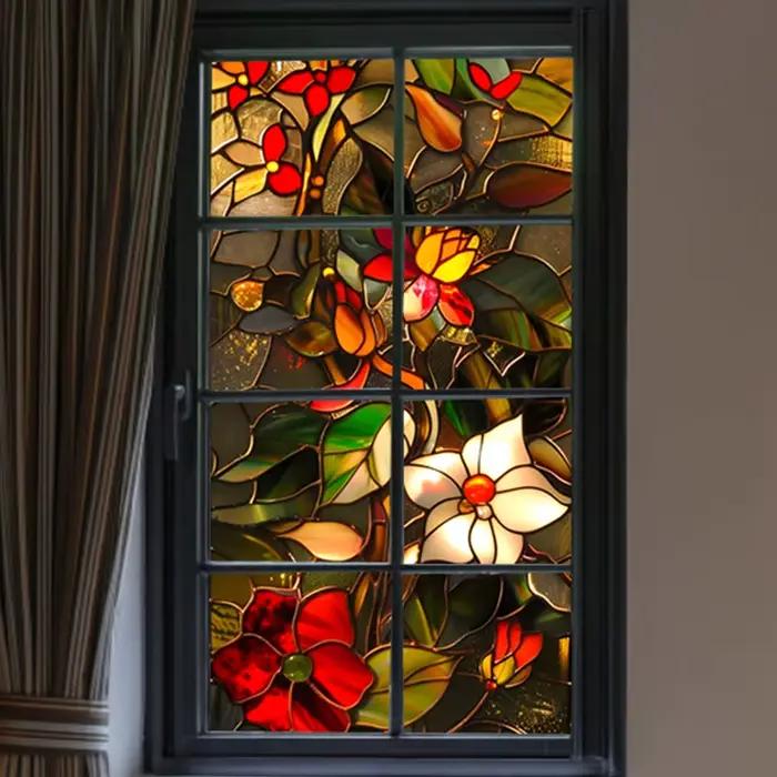 Vitrail d'église, film étanche, protection solaire, enlèvement de fenêtre, gIslande électrostatique de porte, sans colle, autocollants de fleurs