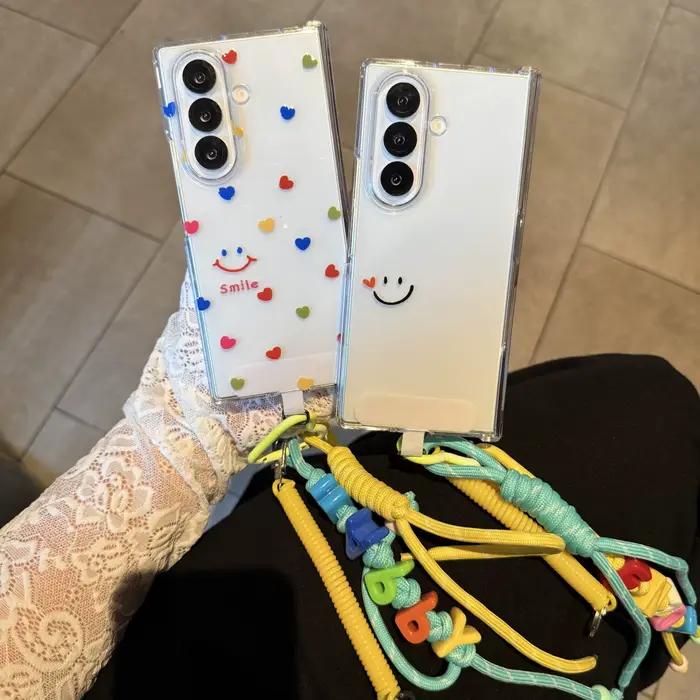 Pour Samsung Galaxy Z Fold 7 6 5 4 3 fold7 amour coeur sourire visage heureux corde sangle pendentif pli coque de téléphone Ins couverture de dessin animé