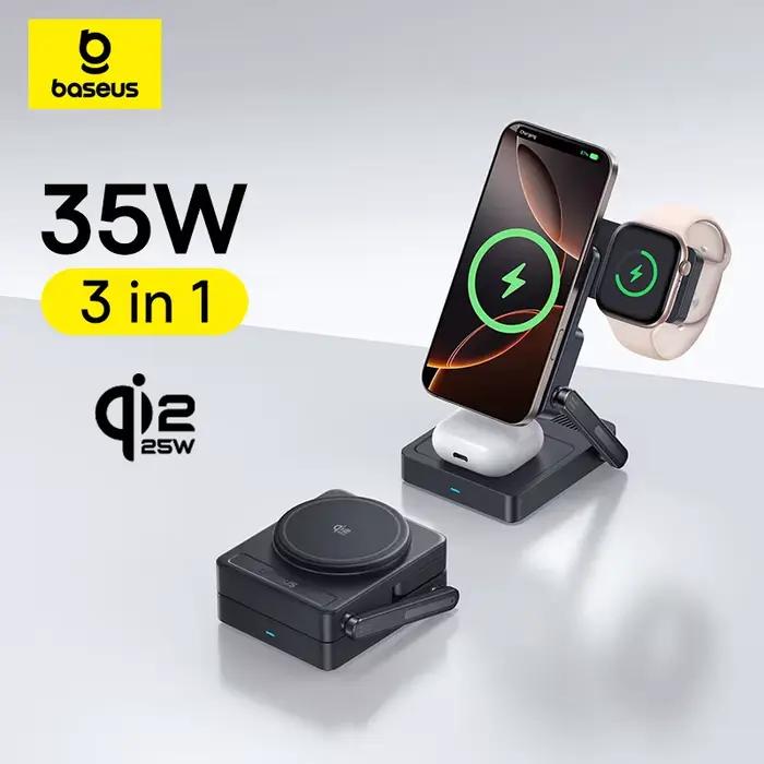 Chargeur sans fil magnétique 3 en 1 Baseus Qi2.2 25W à charge rapide pour iPhone 17 16 15 14 Apple Watch Écouteurs AirPods Pro iWatch