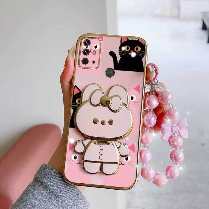 3 pièces (coque de téléphone romantique + cordon + support lapin) pour protéger votre téléphone, adaptée aux coques de téléphone Moto G20/G22/G30