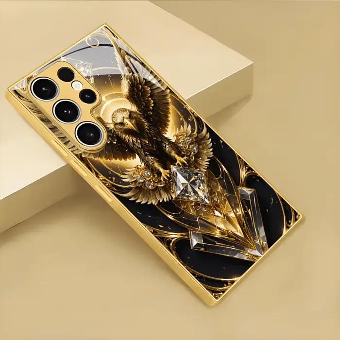 Coque de téléphone en verre à motif diamant Aigle Doré pour Samsung Galaxy S26 S25 S24 S23 S21 S20 FE/Plus/Ultra