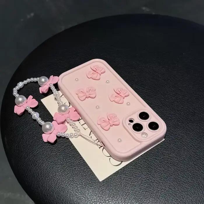 Coque de téléphone en Silicone, étui de protection d'objectif mignon avec nœud de perle 3D, pour iPhone 16 Pro Max 15 Pro 14 Plus 13 Mini 12 Pro 11 X XS XR 7 8 SE 2020
