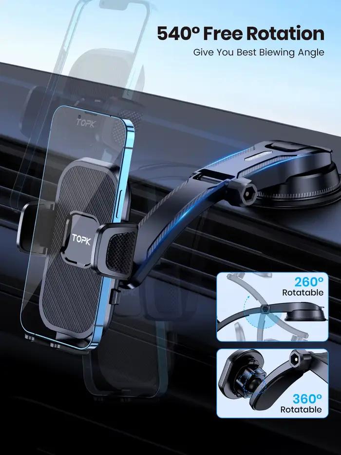 Support de téléphone TOPK pour voiture avec ventouse et clip à crochet pour aération, table de bord et pare-brise - Universel pour iPhone Xiaomi Samsung