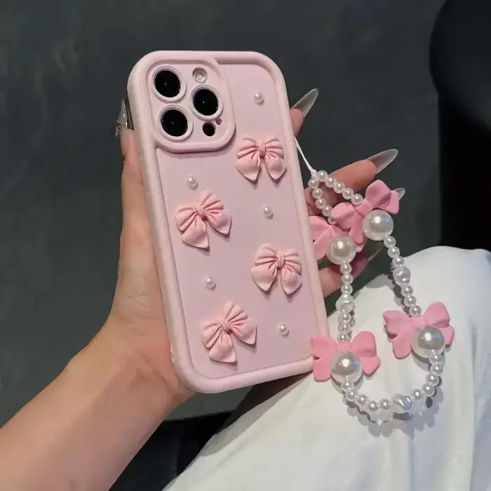 Coque de téléphone en Silicone, étui de protection d'objectif mignon avec nœud de perle 3D, pour iPhone 16 Pro Max 15 Pro 14 Plus 13 Mini 12 Pro 11 X XS XR 7 8 SE 2020