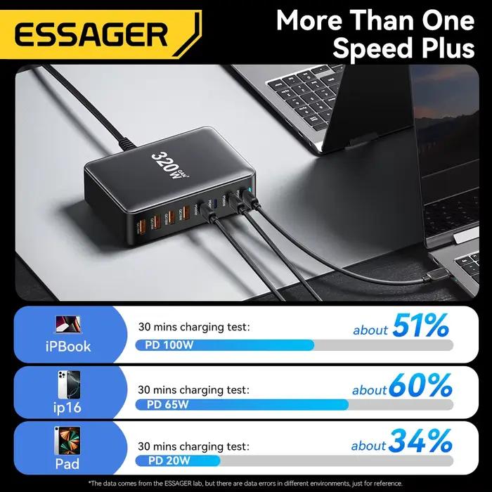 Essager 320W GaN chargeur 8 ports USB Type C Station de charge de bureau PD 100W