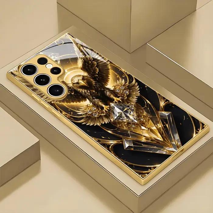Coque de téléphone en verre à motif diamant Aigle Doré pour Samsung Galaxy S26 S25 S24 S23 S21 S20 FE/Plus/Ultra