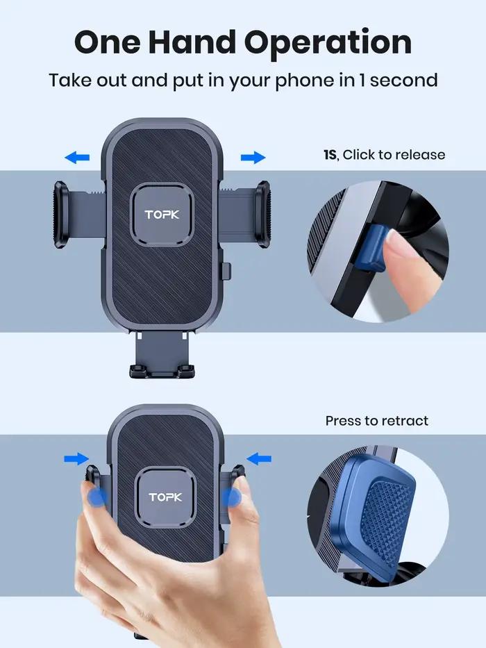 Support de téléphone TOPK pour voiture avec ventouse et clip à crochet pour aération, table de bord et pare-brise - Universel pour iPhone Xiaomi Samsung