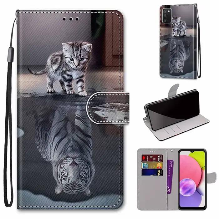 Coque peinte chat tigre mignon PU Leather Case avec Silicone Soft TPU Back Cover pour Samsung Galaxy A52S A22S A52 A12 A22 A32 A72 A51 A71 A03S A02S A03 Core Occasions Spéciales