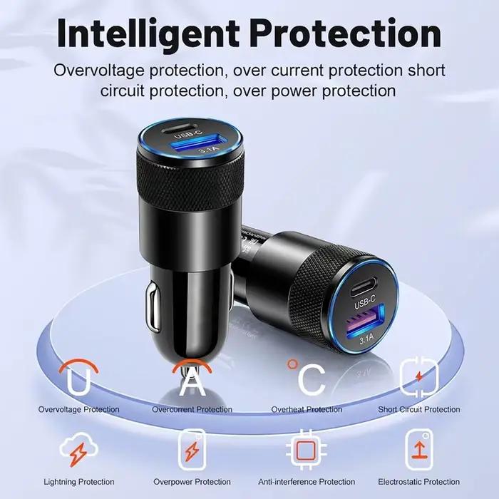 Chargeur de voiture compact USB-C et USB-A 3.1A double port à charge rapide avec puce intelligente et protection contre la surchauffe pour téléphones et iPhone