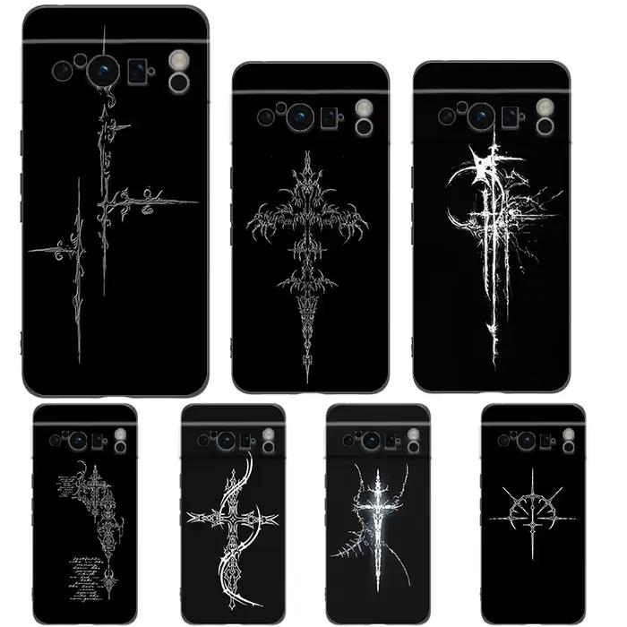 Coque de téléphone Cyber Sigil Cross line, étui souple antichoc en TPU noir pour Google Pixel 9 8 7 6 Pro XL 8A 6A 7A 5G