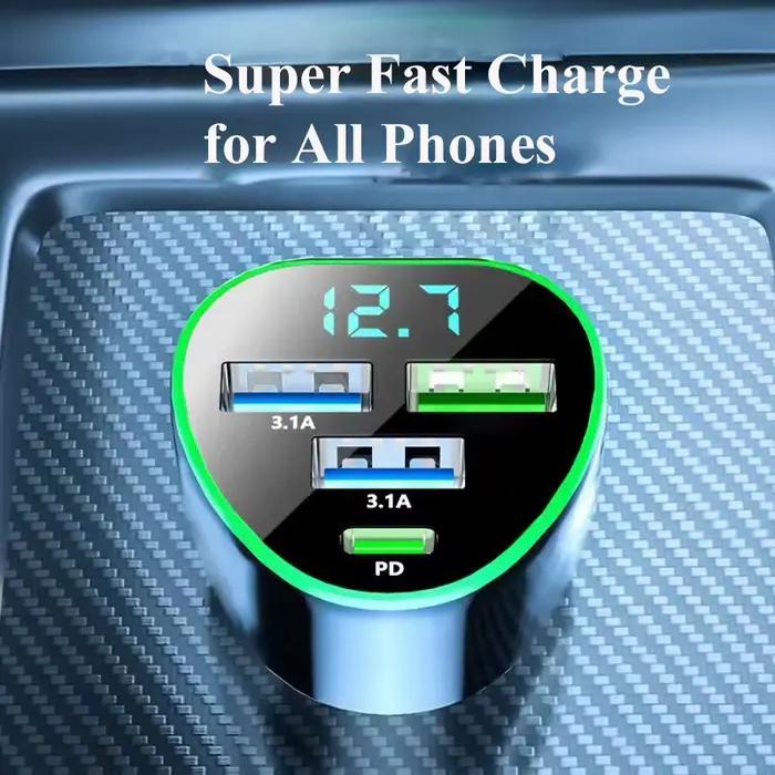 Chargeur de téléphone de voiture USB Type C rapide avec moniteur de tension LED pour iPhone Samsung Huawei Oneplus Vivo Oppo