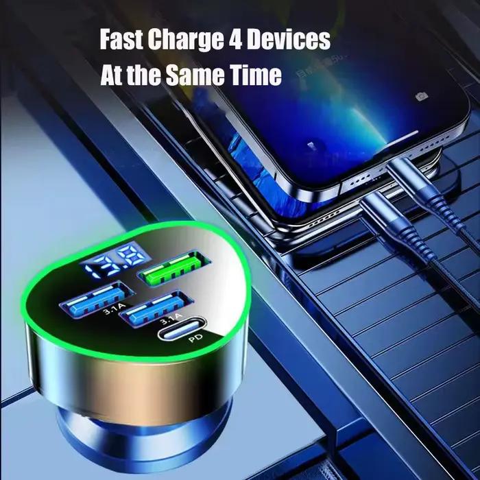 Chargeur de téléphone de voiture USB Type C rapide avec moniteur de tension LED pour iPhone Samsung Huawei Oneplus Vivo Oppo