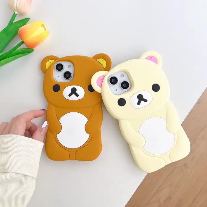 Coque souple en silicone Rilakkuma Bear pour iPhone 17 16 15 14 13 12 11 Pro Max mini Plus 6 7 8 design dessin animé protection douce et souple matériaux silicone couleur beige noir occassions spéciales cadeaux personnalisés