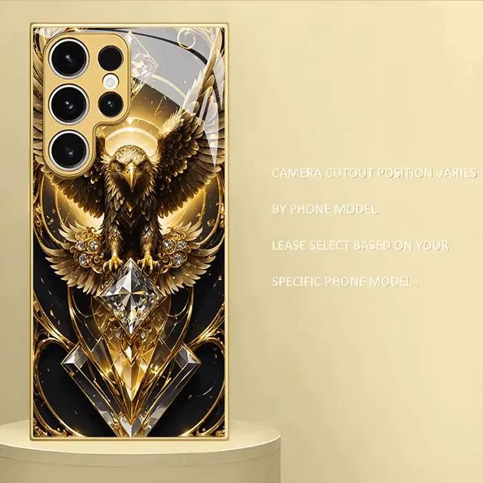 Coque de téléphone en verre à motif diamant Aigle Doré pour Samsung Galaxy S26 S25 S24 S23 S21 S20 FE/Plus/Ultra