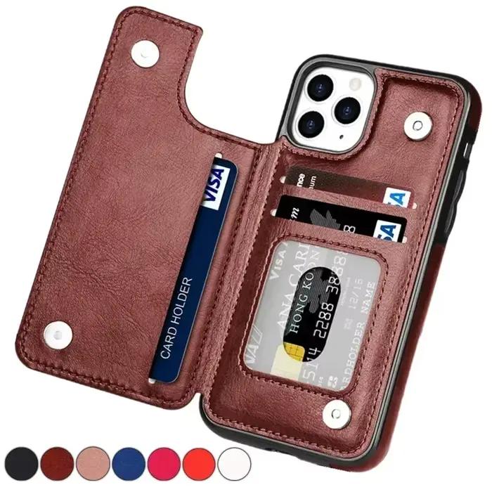 Étui portefeuille en cuir à Double bouton avec fente pour carte