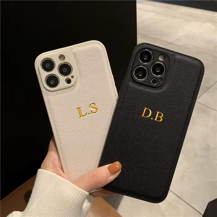 Coque de téléphone personnalisée en cuir PU pour iPhone 11 11 Pro Max 12 12 Pro Max 13 13 Pro 13 Pro Max 14 avec initiales personnalisées et protection anti-rayures et anti-empreintes digitales