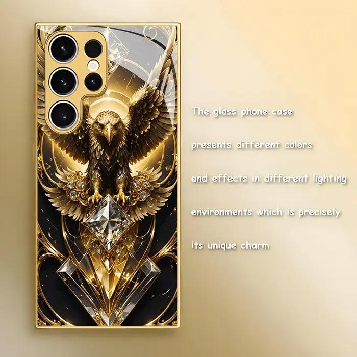 Coque de téléphone en verre à motif diamant Aigle Doré pour Samsung Galaxy S26 S25 S24 S23 S21 S20 FE/Plus/Ultra