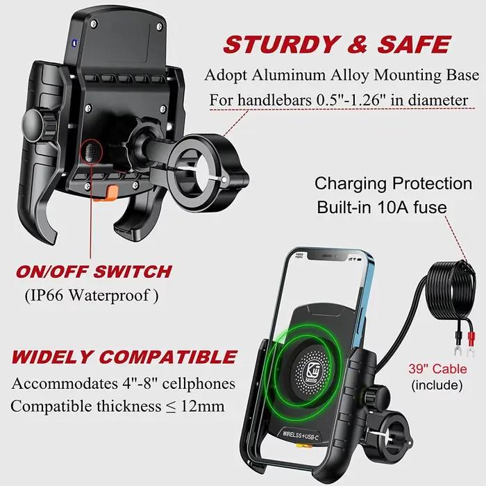 Support de téléphone pour Moto, berceau de chargement sans fil 3.0, chargeur rapide GPS, Support de guidon de téléphone portable pour téléphone de 4 à 7 pouces