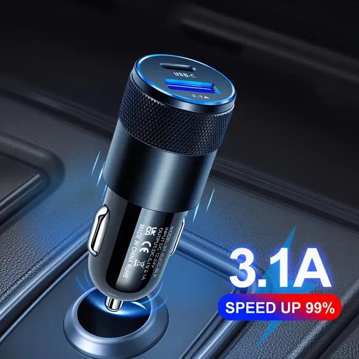 Mini chargeur de voiture double USB 3.1A à charge rapide avec adaptateur USB-C et boîtier métallique compact pour iPhone 17 16 et Samsung pour voyages et occasions spéciales