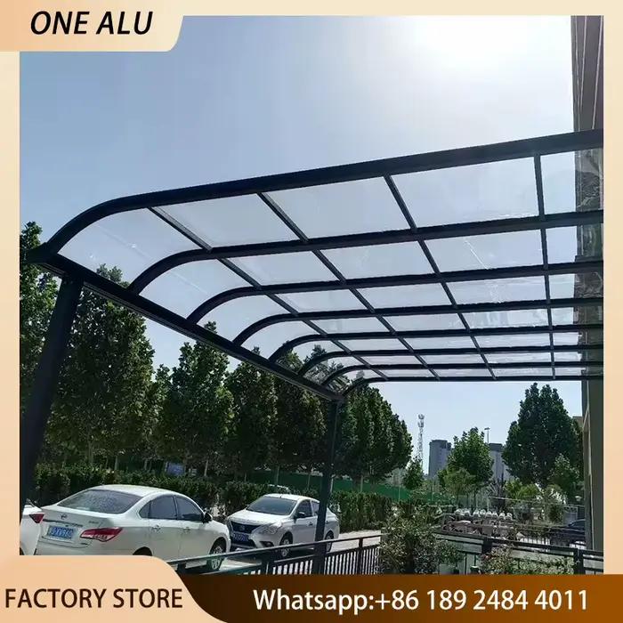 Abri de voiture en aluminium à toit polygonal avec verre isolant, auvent moderne autoportant pour villa