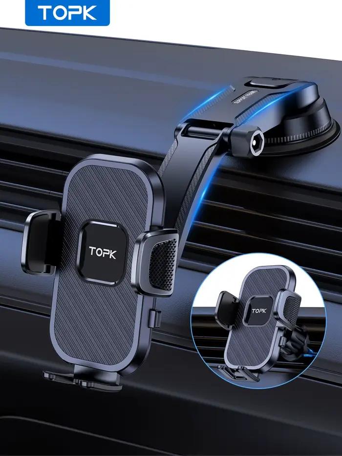 Support de téléphone TOPK pour voiture avec ventouse et clip à crochet pour aération, table de bord et pare-brise - Universel pour iPhone Xiaomi Samsung