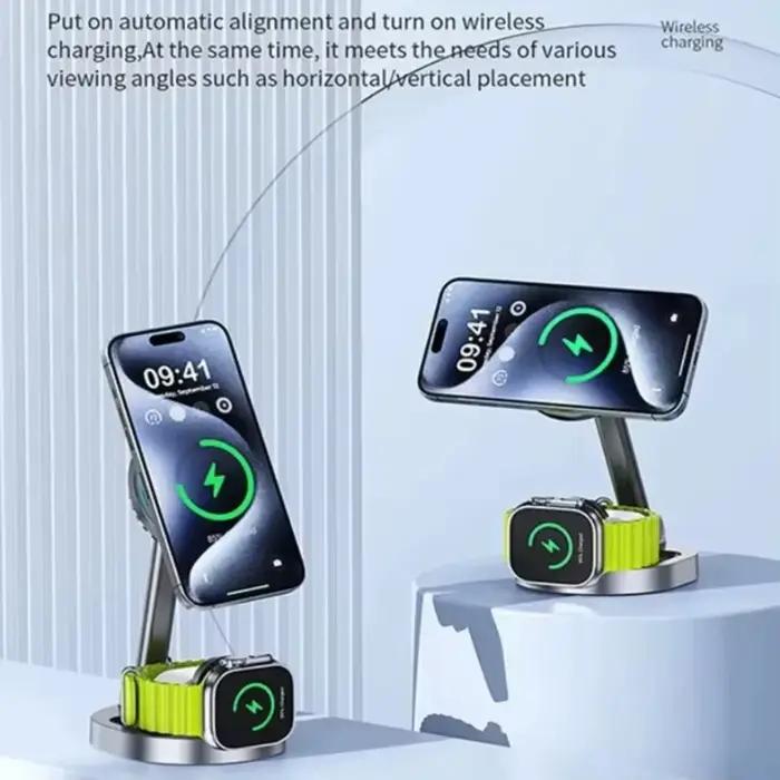 VIKEFON 3 en 1 qi2 chargeur sans fil magnétique de refroidissement par glace pour Magsafe iPhone 16-12 Apple Watch 9 8 7 AirPods Pro2 charge rapide