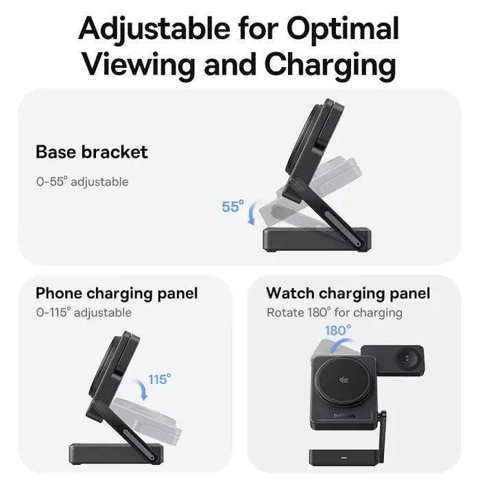 Chargeur sans fil magnétique 3 en 1 Baseus Qi2.2 25W à charge rapide pour iPhone 17 16 15 14 Apple Watch Écouteurs AirPods Pro iWatch