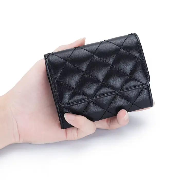 Porte-cartes matelassé en peau de mouton pour femmes, étui à deux volets en cuir pour cartes de crédit bancaire, portefeuilles, porte-monnaie, marque de luxe, sac pour cartes de visite