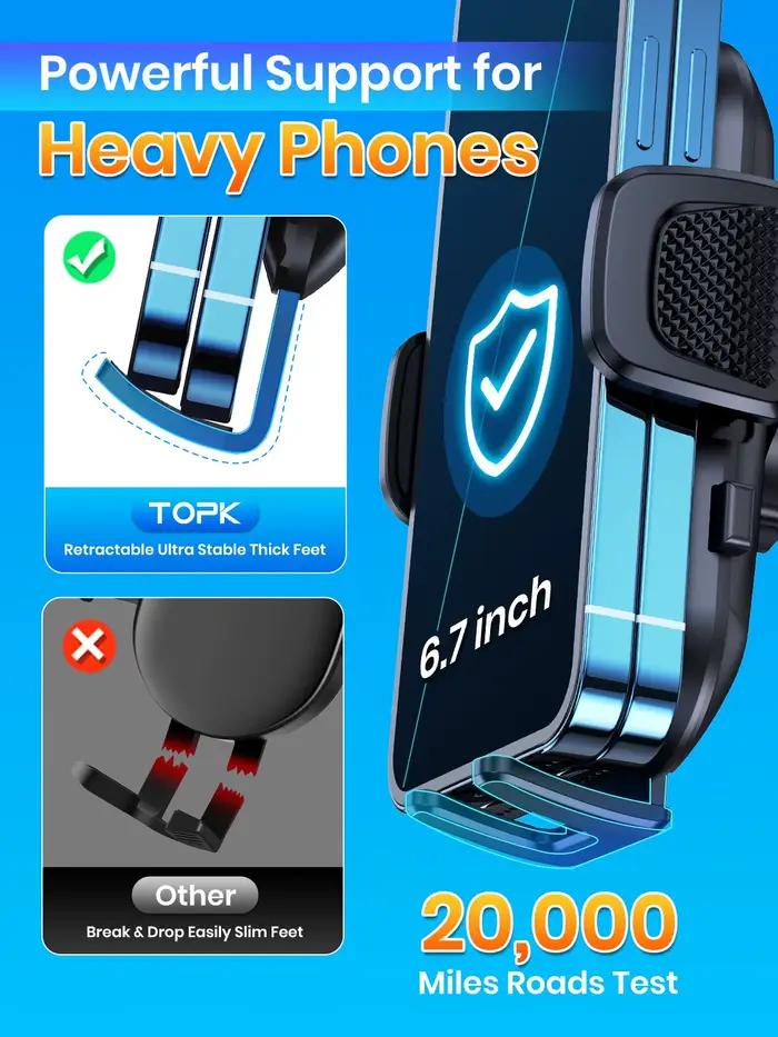 Support de téléphone TOPK pour voiture avec ventouse et clip à crochet pour aération, table de bord et pare-brise - Universel pour iPhone Xiaomi Samsung