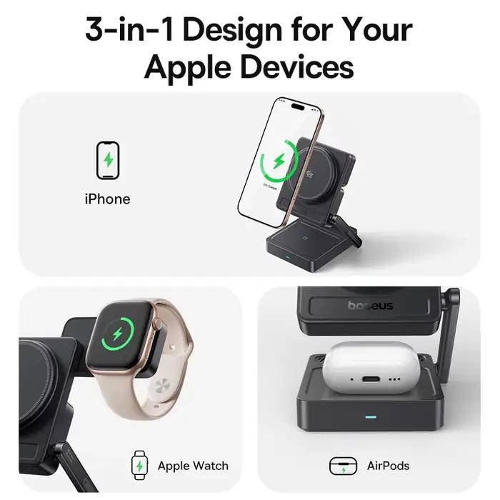 Chargeur sans fil magnétique 3 en 1 Baseus Qi2.2 25W à charge rapide pour iPhone 17 16 15 14 Apple Watch Écouteurs AirPods Pro iWatch