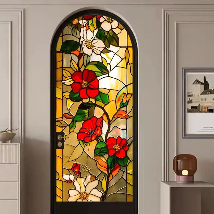 Vitrail d'église, film étanche, protection solaire, enlèvement de fenêtre, gIslande électrostatique de porte, sans colle, autocollants de fleurs