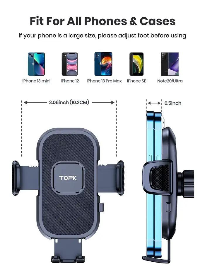 Support de téléphone TOPK pour voiture avec ventouse et clip à crochet pour aération, table de bord et pare-brise - Universel pour iPhone Xiaomi Samsung